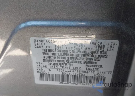 2015 Nissan Sentra S z USA, uszkodzony, nr VIN 3N1AB7AP6FY367201